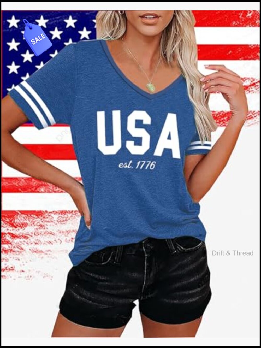 Patriotic American Flag V-Neck T-Shirt Short Sleeve Casual Top Tees - Picture 2 of 3